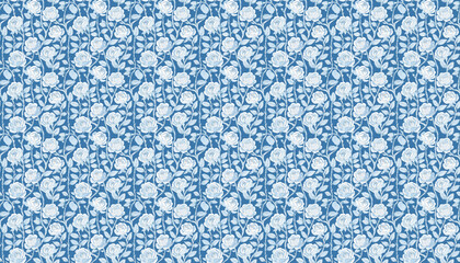 Art nouveau pattern with roses, using a blue and white color, seamless repeating pattern design for fabric, in the simple vector art style, simple design, high resolution
