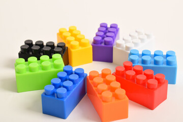 Colorful Plastic toy blocks isolated on white background. Building Blocks