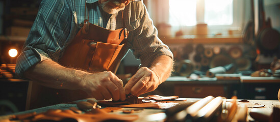 Artisan crafting engaged in leatherworking workshop