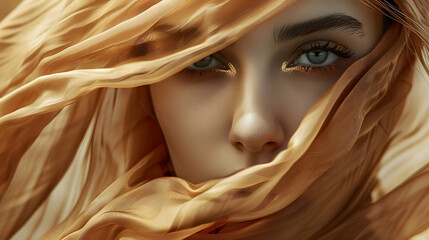 Beautiful Girl Face with Natural Makeup and Sun Tanned Skin Beauty Woman wrapped in Brown Silk Fabric waving on Wind Fashion Model Portrait wearing Head Satin Scarf : Generative AI