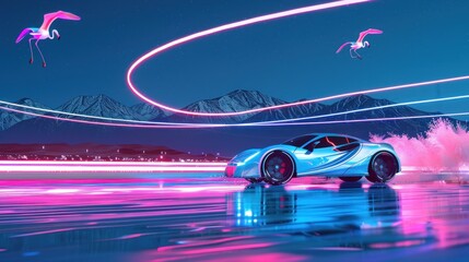 Blue Sports Car in a Neon Dreamscape