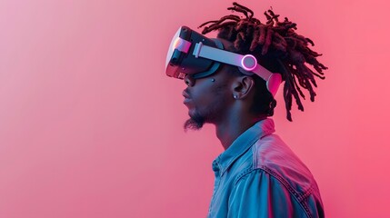 Stylish African American Man in VR Headset with Neon Glow Futuristic Technology Concept Generative AI