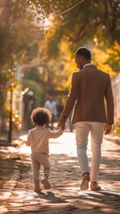 A man and his child walking down a street.
