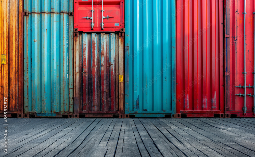 Poster stacked colorful shipping containers at a dockyard.