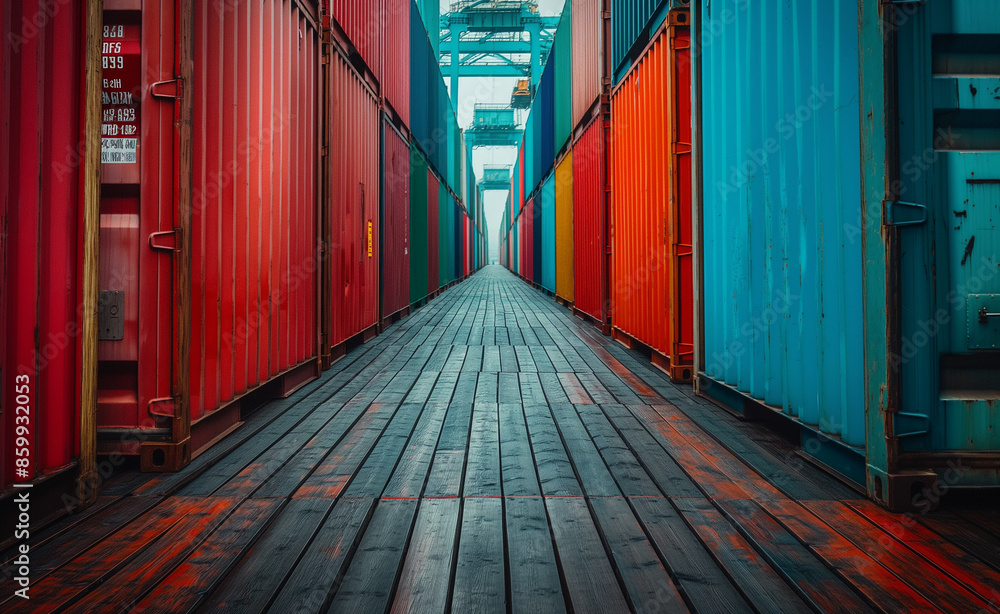 Poster stacked colorful shipping containers at a dockyard.