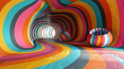 Obraz premium Abstract colorful striped tunnel with glowing light at end.