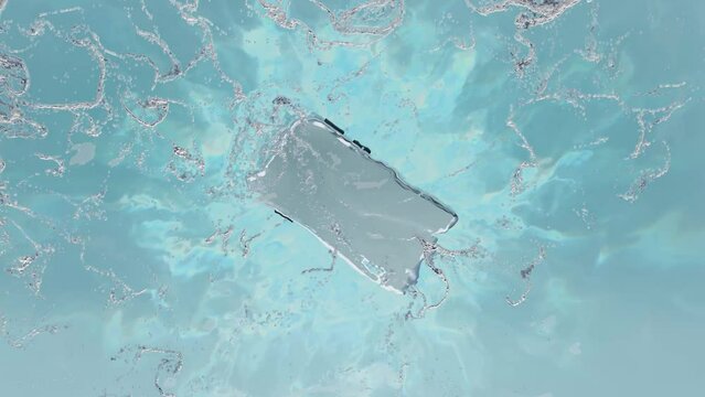 water dropping smartphone, mobile phone falls into water with bubble, water splash isolated on blue background. cell phone damaged, 3d illustration render, top view