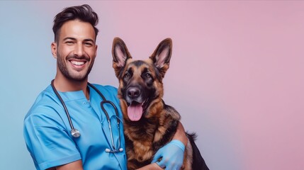 A smiling vet holding a dog.