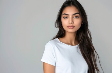Fototapeta premium A woman in white t - shirt posing for the camera.