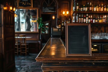 Fototapeta premium Blank black chalkboard with a place for text in a bar. AI generative