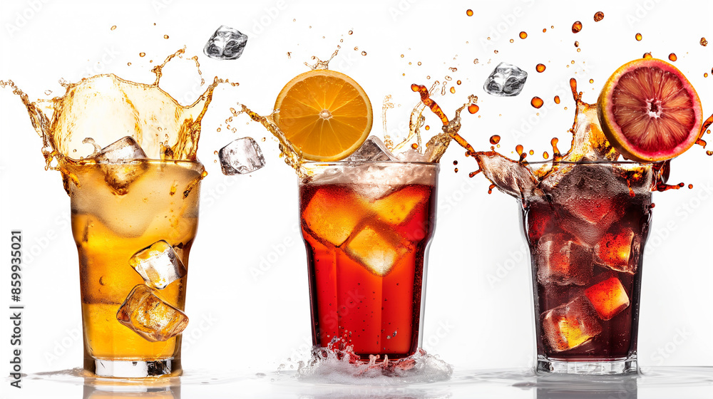 Poster three glasses of different drinks splashing with ice cubes and lemon slices.