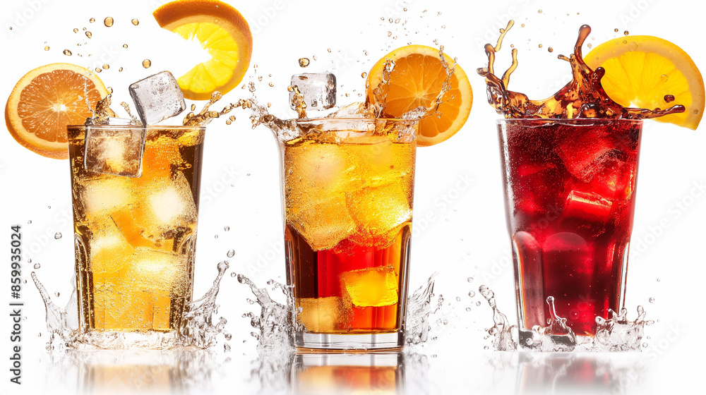 Aufkleber three glasses of different drinks splashing with ice cubes and lemon slices.