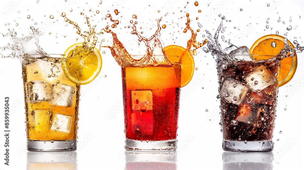 Poster three glasses of different drinks splashing with ice cubes and lemon slices.