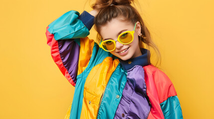 Cool teenager Fashionable DJ girl in colorful trendy jacket and vintage retro sunglasses enjoys style of 80s  90s vibes Teenager Girl at disco party Young fashion model on yellow color : Generative AI