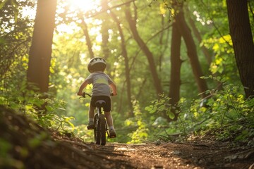 Resilient Child Riding Balance Bike Uphill in Forest Sunlight