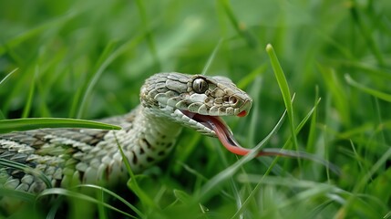 Obraz premium A hissing aesculapius snake in the grass with its tongue out