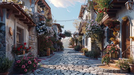 Obraz premium Cobblestone street in a charming village with colorful flowers and buildings.
