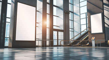 Obraz premium Empty modern airport terminal with large blank advertising screens.
