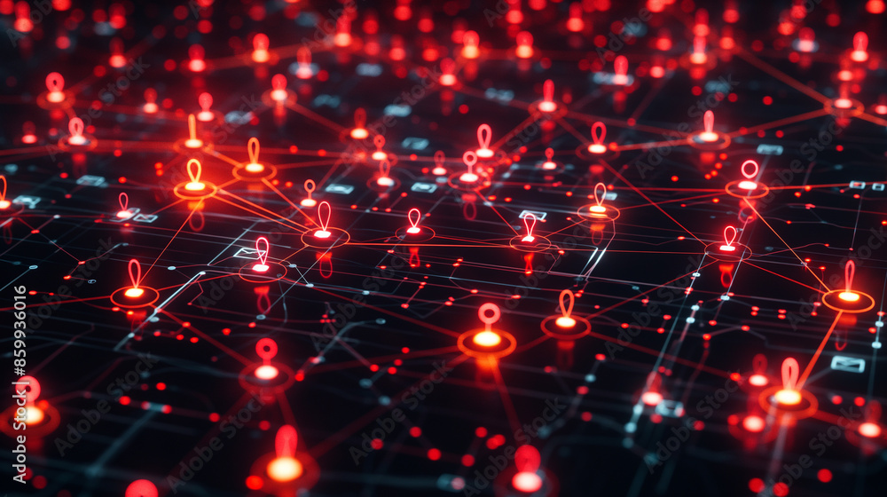 Poster digital network with red glowing user icons connected by lines.