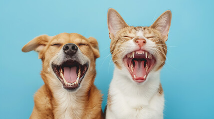 Dog and cat laughing together in front of a blue background.
