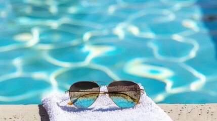 Close-up of sunglasses on a white towel on the edge of a pool, with sparkling water reflecting the bright sunlight.