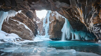 Naklejka premium Ice caves, glacial lagoons, frozen waterfalls