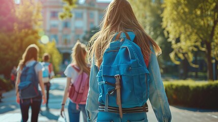 Fototapeta premium copy space, stockphoto, high school Girl and friends with backpack going to school, schoolbuilding in the background. Back to school theme.