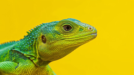 Obraz premium Green iguana against a bright yellow background.
