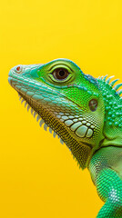 Green iguana against a bright yellow background.