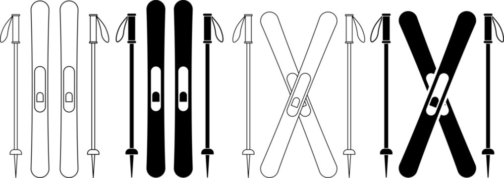 outline silhouette ski and sticks icon set