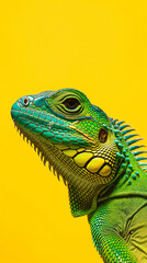 Green iguana against a bright yellow background.