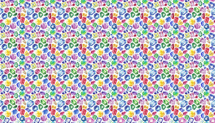 A candy color water color painting pattern of colorful gemstones scattered on white background, arranged in random patterns, with no clear outline or shape