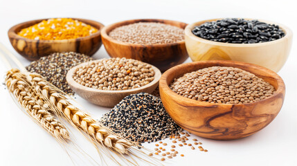 Various grains and seeds in wooden bowls with wheat stalks on white background.