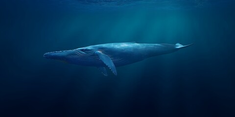 Fototapeta premium Diving Blue Whale in Deep Ocean A magnificent blue whale diving deep into the ocean, captured in a full-body shot, highlighting its immense size and graceful movement. 