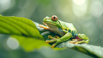 Obraz premium beautiful frog in high definition on a small leaf in the amazon with light green defocused background by day