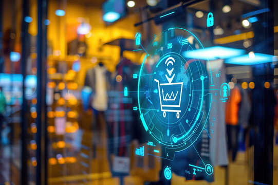 A smart retail display showcasing IoT-powered inventory management and customer engagement solutions.