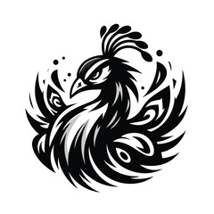 peacock mascot logo in black and white silhouette