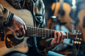 Fototapeta premium Intimate Moment of a Musician Mastering Guitar Chords