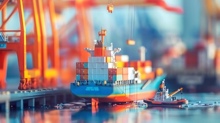 Fototapeta premium Cargo container ship moored at harbor loading or unloading containers with cranes