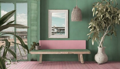 Wooden bench against pink green wall with poster frame. Ethnic farmhouse interior design of modern entrance hall, in the style of monochromatic figures, 
 fragmented architecture ,coastal