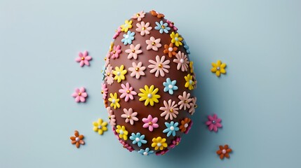 Chocolate egg decorated with small multicolored flowers on a pastel blue background