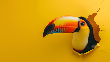 Fototapeta premium Vibrant Toucan Peeking Through A Torn Yellow Paper Background