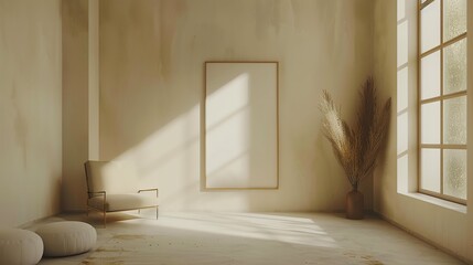 Minimalist living room with a large blank canvas, a single armchair, and a vase of pampas grass.