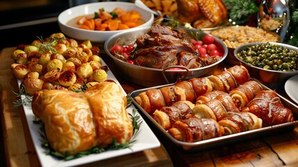 Obraz premium christmas lunch with all the trimmings pigs in blanket stuffing gravy brussls sprouts and roast potatoes