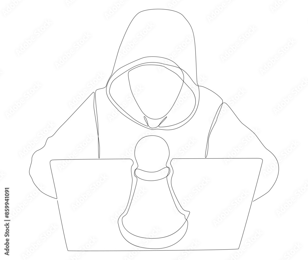 Poster one continuous line of hacker with laptop and chess pawn. thin line illustration vector concept. con