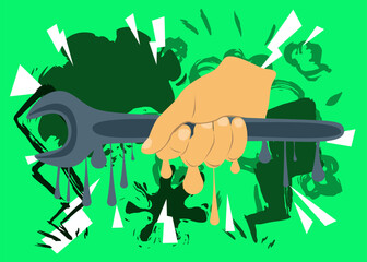 Wrench in hand graffiti. Abstract modern street art decoration performed in urban painting style.