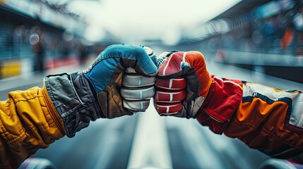 fist bump of two race car drivers gloved hands