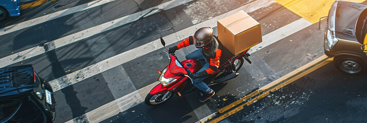Motorcycle courier in city traffic with a delivery box on the motorcycle.