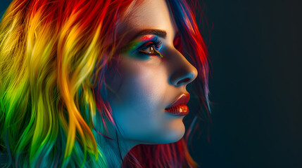 Naklejka premium Beautiful woman with multicolored hair and creative make up and hairstyle Beauty face : Generative AI