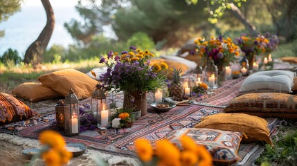An outdoor bohemian-style picnic setup with decorative pillows, patterned rugs, and flowers at dusk illuminated by candlelight.